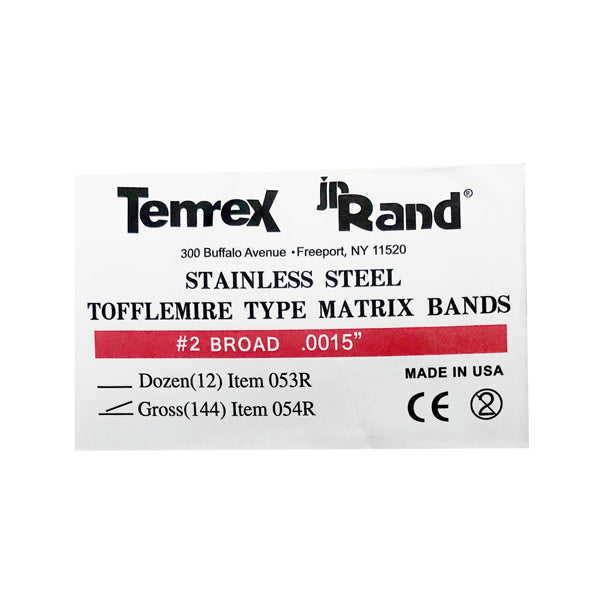 Temrex 054R JR Rand Dental Matrix Bands .0015 #2 Tofflemire Type 144/Pk Temrex 054R JR Rand Dental Matrix Bands .0015 #2 Tofflemire Type 144/Pk